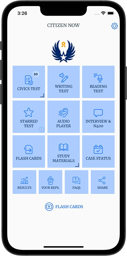 Screenshot of US Citizenship Test 2023 Mobile App Mockup