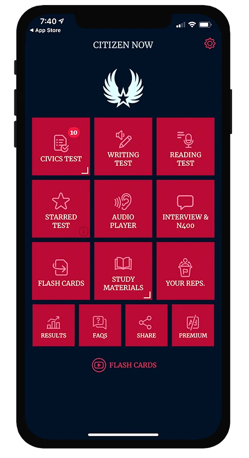 Screenshot of US Citizenship Test 2023 Mobile App - Front View